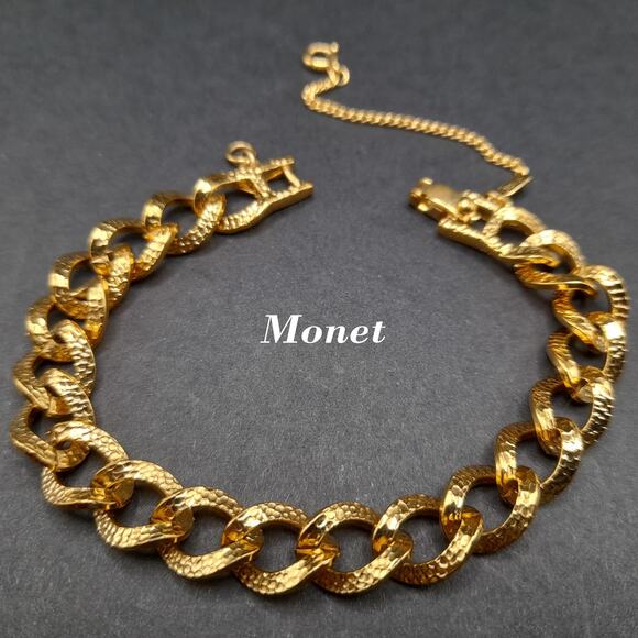 Vintage Monet Textured Bracelet, Gold Plated, Safety Chain, 7 1/4 Inch, 1960s - Picture 1 of 10